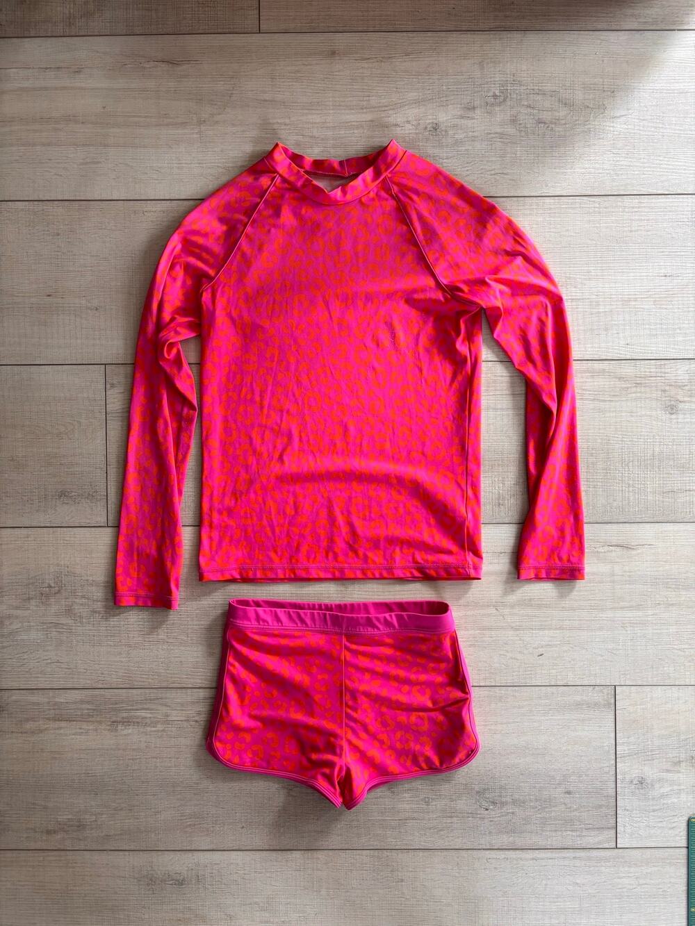 Boden Girls UPF 40+ Rash Guard Swim Set Pink Leopard 13-14Y 2 Piece